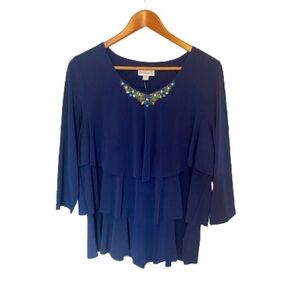 Susan Graver New with tags Liquid Knit Tiered Embellished Top blue large
